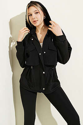 Kapüşonlu Garni Detaylı Ceket Siyah - Kadın Giyim Modelleri