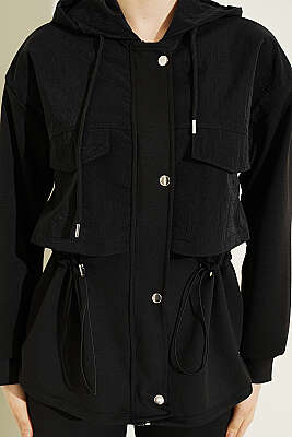 Kapüşonlu Garni Detaylı Ceket Siyah - Kadın Giyim Modelleri