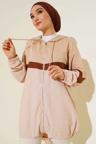 Kapüşonlu Garnili Hırka Bej - Hırka