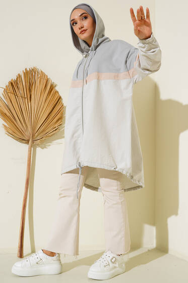 Kapüşonlu Garnili Hırka Gri - Hırka