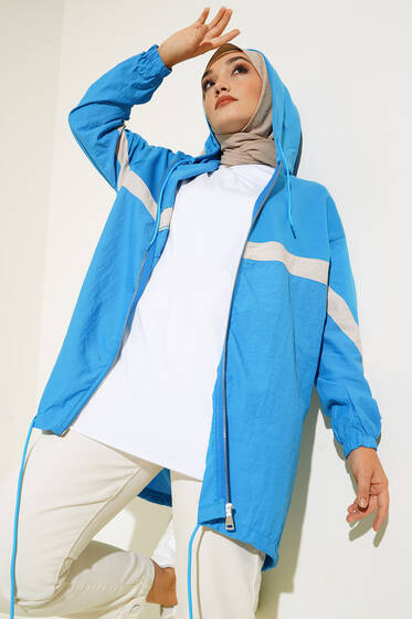 Kapüşonlu Garnili Hırka Mavi - Hırka