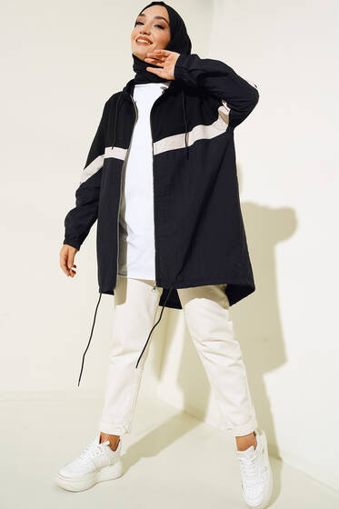 Kapüşonlu Garnili Hırka Siyah - Hırka