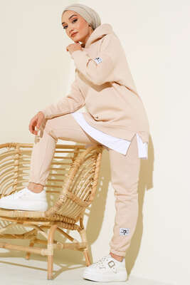 Kapüşonlu Garnili Üç İplik Takım Bej 