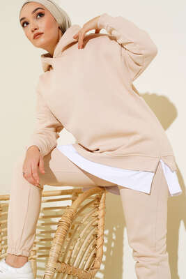 Kapüşonlu Garnili Üç İplik Takım Bej - İKİLİ TAKIM