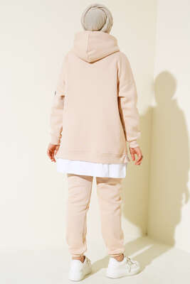 Kapüşonlu Garnili Üç İplik Takım Bej - İKİLİ TAKIM