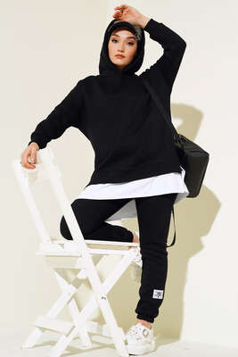 Kapüşonlu Garnili Üç İplik Takım Siyah 