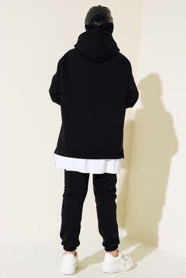 Kapüşonlu Garnili Üç İplik Takım Siyah - İKİLİ TAKIM