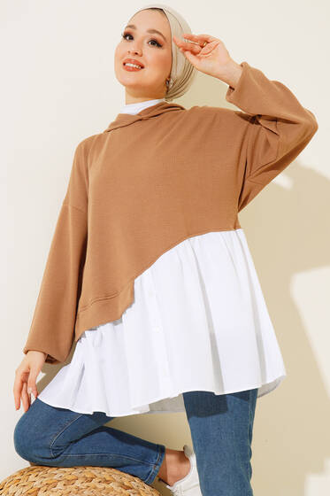 Kapüşonlu Gömlek Garnili Tunik Camel - Tunik