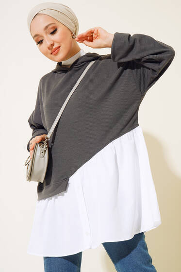 Kapüşonlu Gömlek Garnili Tunik Füme - Tunik