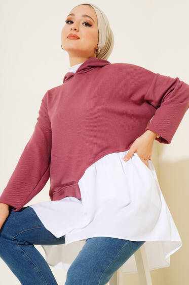 Kapüşonlu Gömlek Garnili Tunik Gül Kurusu - Tunik