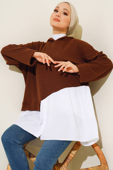 Kapüşonlu Gömlek Garnili Tunik Kahve - Tunik
