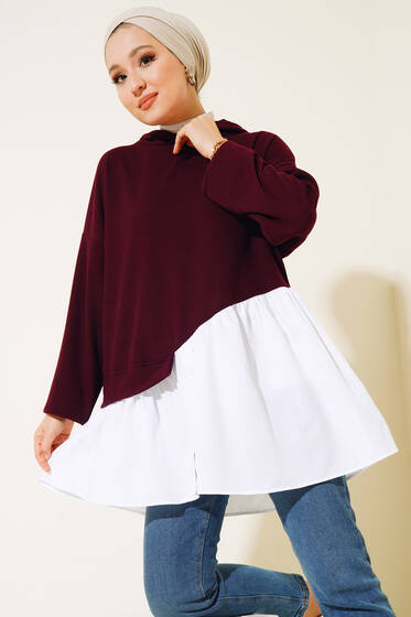 Kapüşonlu Gömlek Garnili Tunik Mürdüm - Tunik