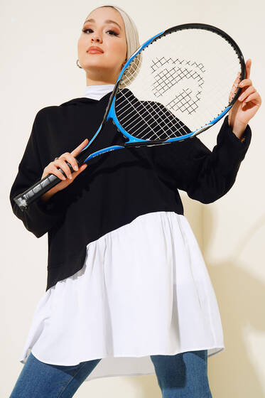 Kapüşonlu Gömlek Garnili Tunik Siyah - Tunik