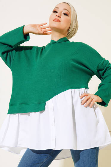 Kapüşonlu Gömlek Garnili Tunik Zümrüt Yeşil - Tunik