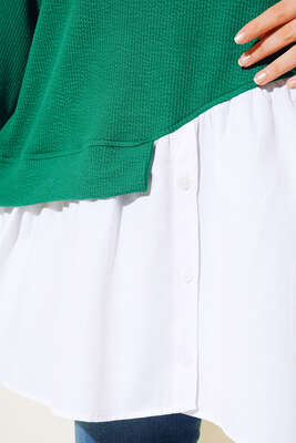 Kapüşonlu Gömlek Garnili Tunik Zümrüt Yeşil - Thumbnail