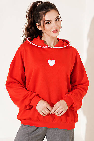 Kapüşonlu Kalp Nakışlı Sweatshirt Kırmızı - Kadın Giyim Modelleri