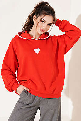 Kapüşonlu Kalp Nakışlı Sweatshirt Kırmızı - Kadın Giyim Modelleri