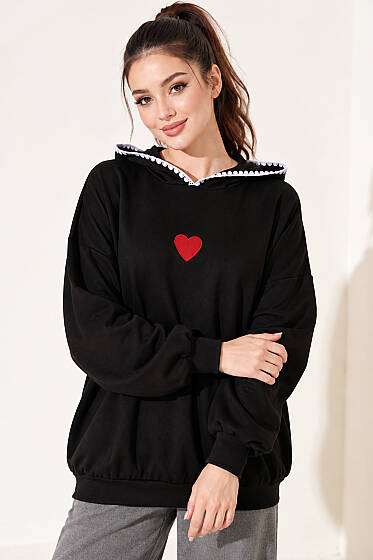 Kapüşonlu Kalp Nakışlı Sweatshirt Siyah - Kadın Giyim Modelleri