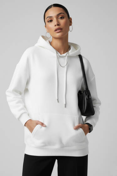 Kapüşonlu Kanguru Cepli Sweatshirt Ekru - Kadın Giyim Modelleri