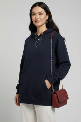 Kapüşonlu Kanguru Cepli Sweatshirt Lacivert 