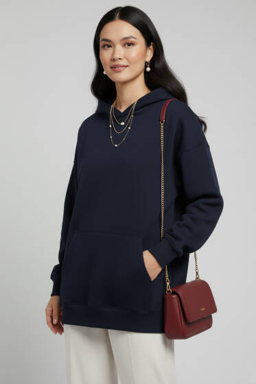 Kapüşonlu Kanguru Cepli Sweatshirt Lacivert - Kadın Giyim Modelleri