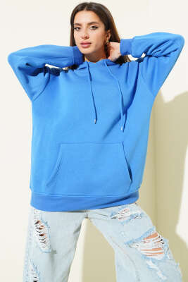 Kapüşonlu Kanguru Cepli Sweatshirt Mavi - Kadın Giyim Modelleri