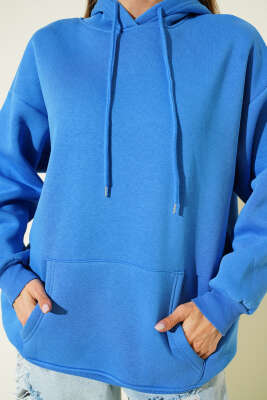 Kapüşonlu Kanguru Cepli Sweatshirt Mavi - Kadın Giyim Modelleri