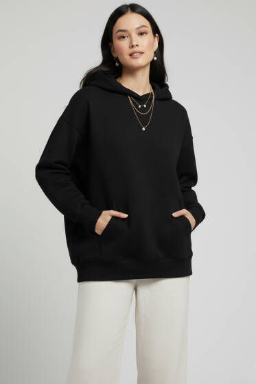 Kapüşonlu Kanguru Cepli Sweatshirt Siyah - Kadın Giyim Modelleri