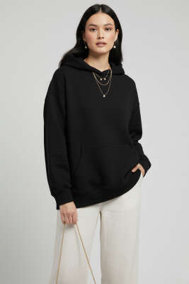 Kapüşonlu Kanguru Cepli Sweatshirt Siyah - Kadın Giyim Modelleri