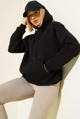 Kapüşonlu Kanguru Cepli Sweatshirt Siyah 