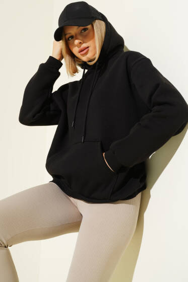 Kapüşonlu Kanguru Cepli Sweatshirt Siyah - Kadın Giyim Modelleri