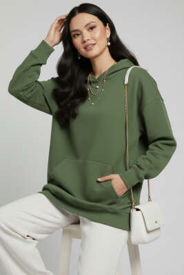Kapüşonlu Kanguru Cepli Sweatshirt Yeşil 