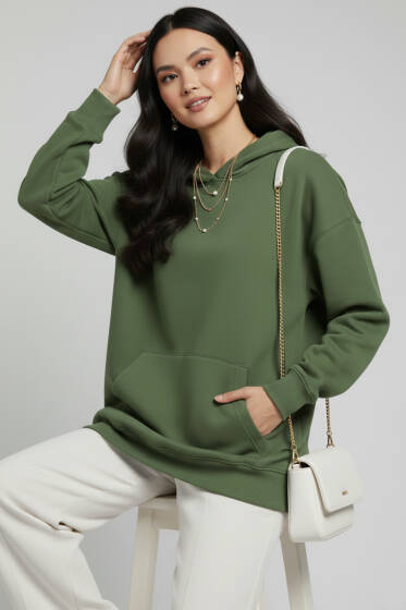 Kapüşonlu Kanguru Cepli Sweatshirt Yeşil - Kadın Giyim Modelleri