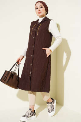 Kapuşonlu Kapitone Kısa Yelek Acı Kahve - MUSTİ