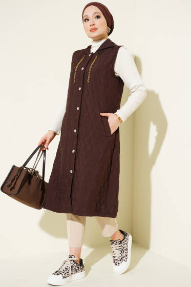 Kapuşonlu Kapitone Kısa Yelek Acı Kahve - Yelek