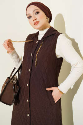 Kapuşonlu Kapitone Kısa Yelek Acı Kahve - Yelek