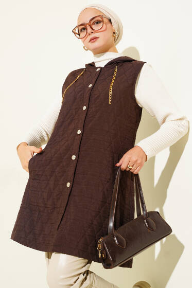 Kapuşonlu Kapitone Kısa Yelek Kahve - Yelek