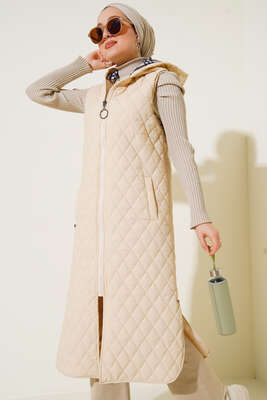 Kapüşonlu Kapitone Uzun Yelek Ekru - Yelek