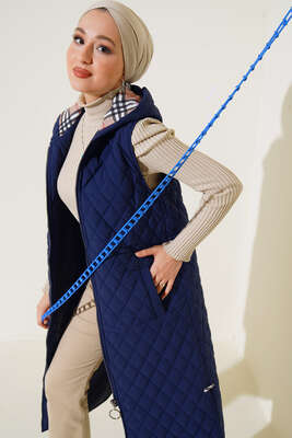 Kapüşonlu Kapitone Uzun Yelek Lacivert - Yelek