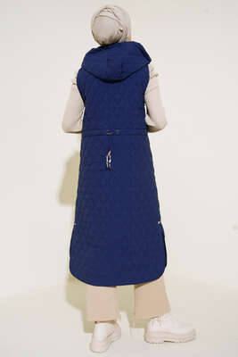 Kapüşonlu Kapitone Uzun Yelek Lacivert - Yelek