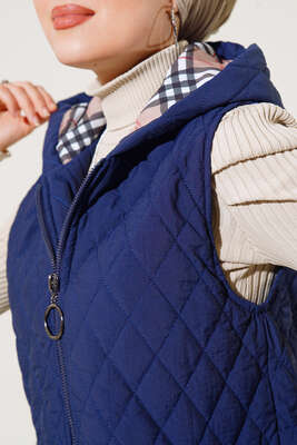 Kapüşonlu Kapitone Uzun Yelek Lacivert - Yelek