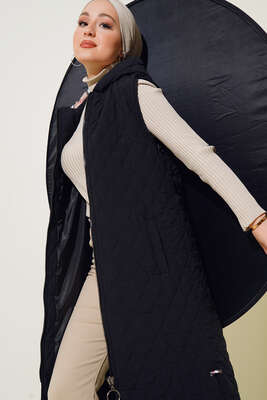 Kapüşonlu Kapitone Uzun Yelek Siyah - Yelek