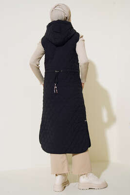 Kapüşonlu Kapitone Uzun Yelek Siyah - Yelek