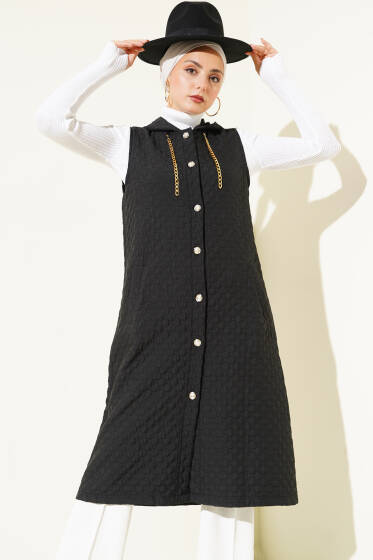 Kapüşonlu Kapitone Yelek Siyah - Yelek