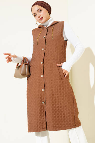 Kapüşonlu Kapitone Yelek Kahve - Yelek