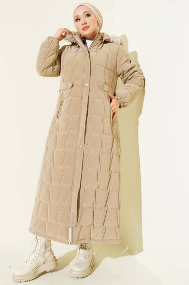 Kapüşonlu Kare Kapitone Uzun Mont Bej - Mont
