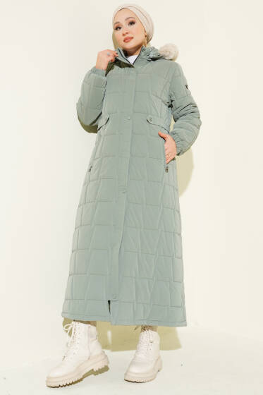 Kapüşonlu Kare Kapitone Uzun Mont Çağla Yeşili - Mont