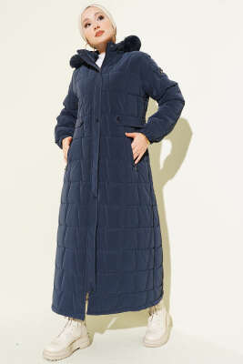 Kapüşonlu Kare Kapitone Uzun Mont Lacivert - AYSEMA