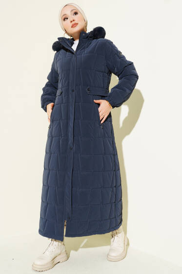 Kapüşonlu Kare Kapitone Uzun Mont Lacivert - Mont