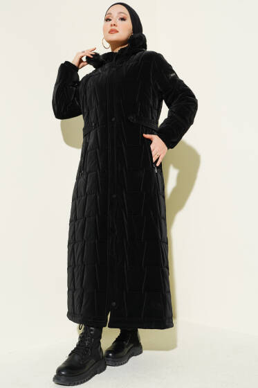 Kapüşonlu Kare Kapitone Uzun Mont Siyah - Mont